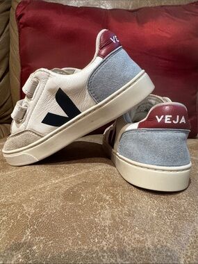 Veja V-10 Sneakers in White with Navy & Burgundy Accents